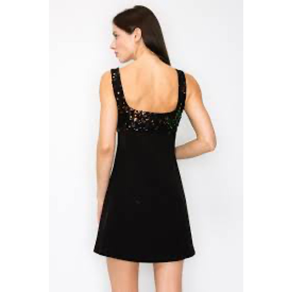 INA Yoke Embroidery Sequined Square Neck Party Mini Dress Black IDL9289 Large L - Picture 5 of 7